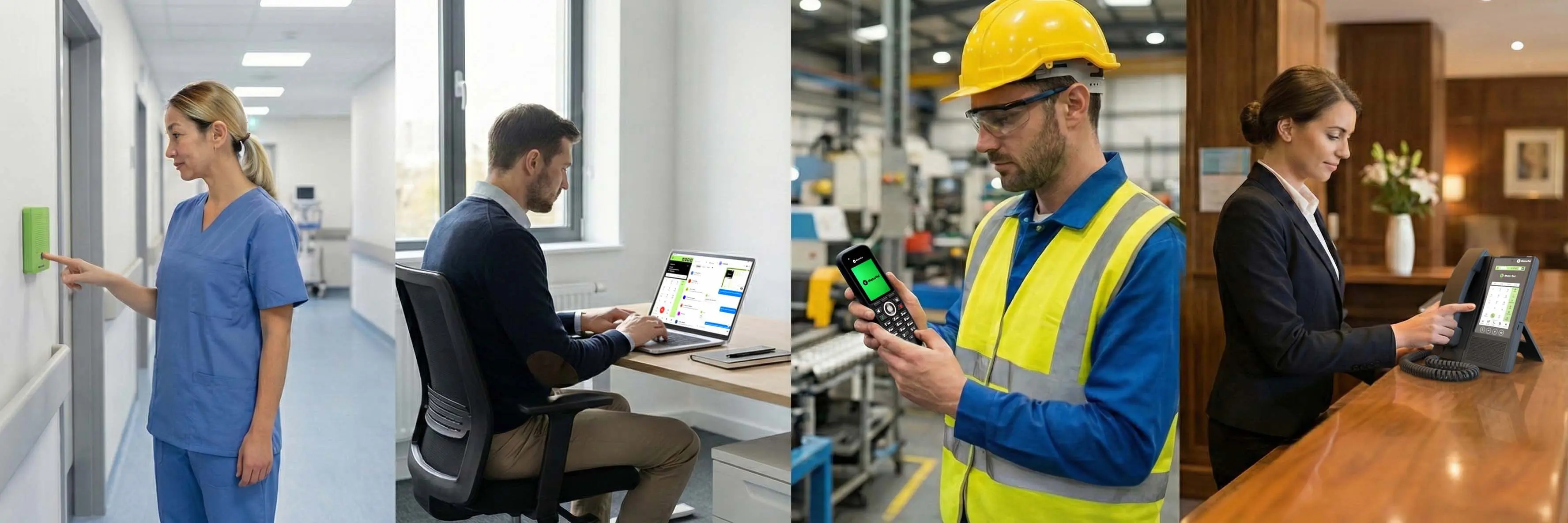 Two workers using digital devices in an industrial setting.