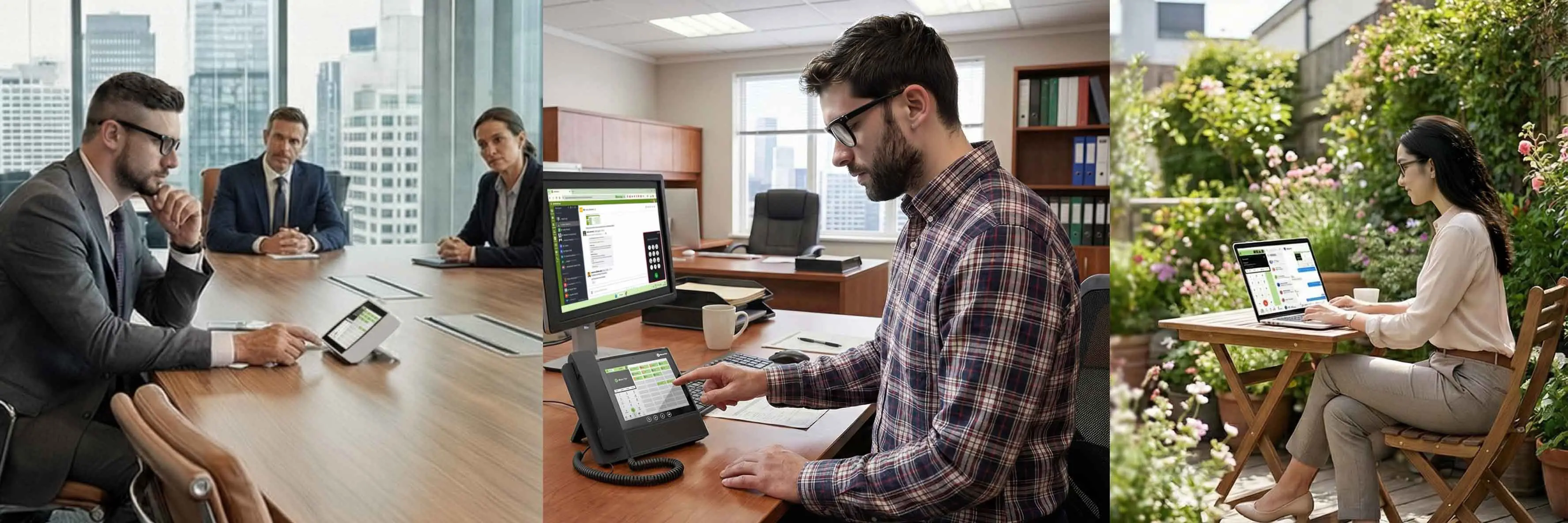 A man using a desk phone with a computer in the background in an office.