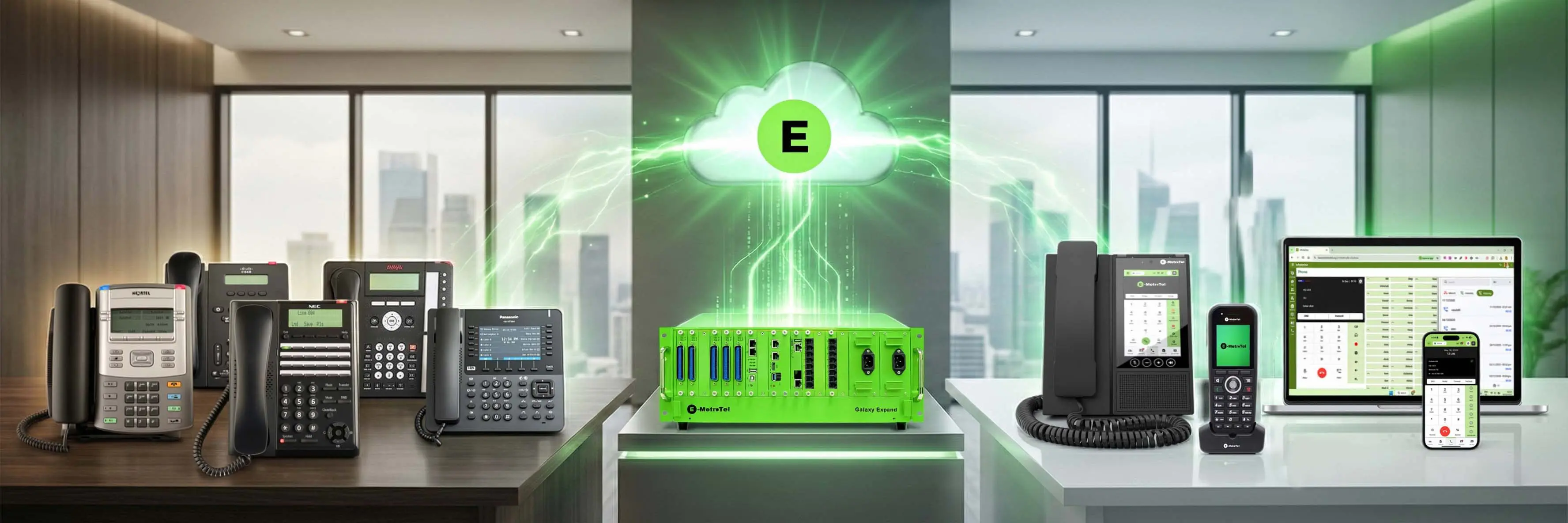 A green electronic device emits glowing energy with an 'E' symbol above it.