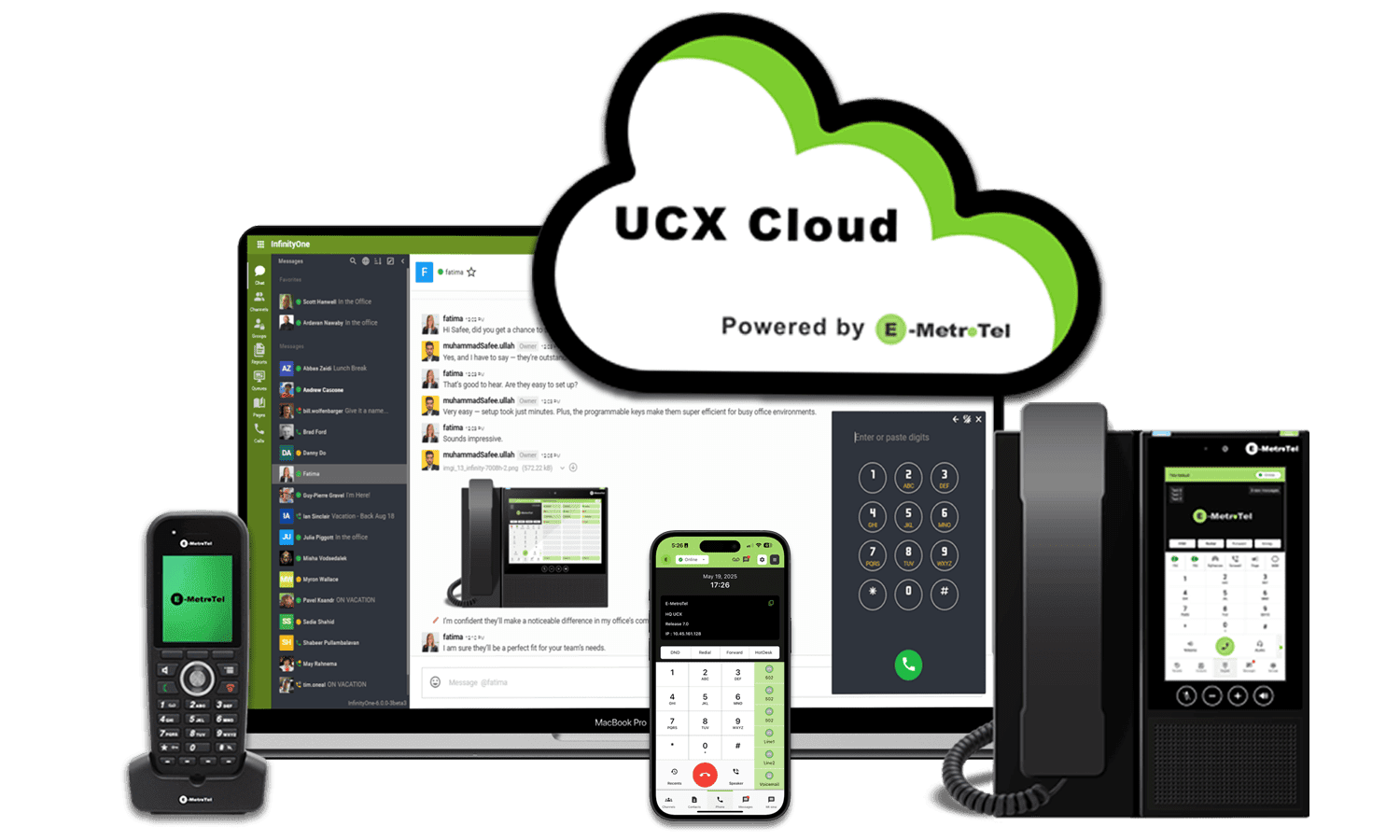 UCX Cloud communication platform shown with phone and apps.