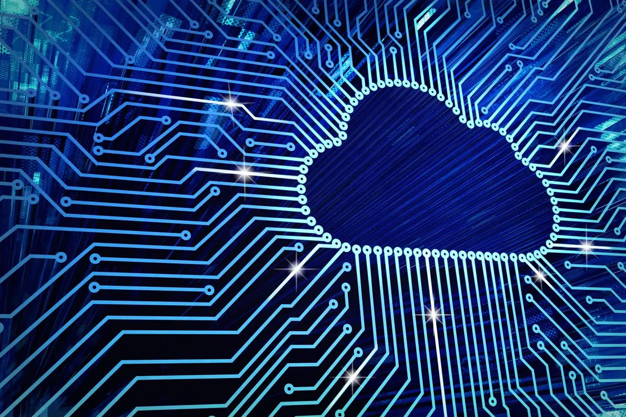 Digital cloud icon integrated with electronic circuit patterns.