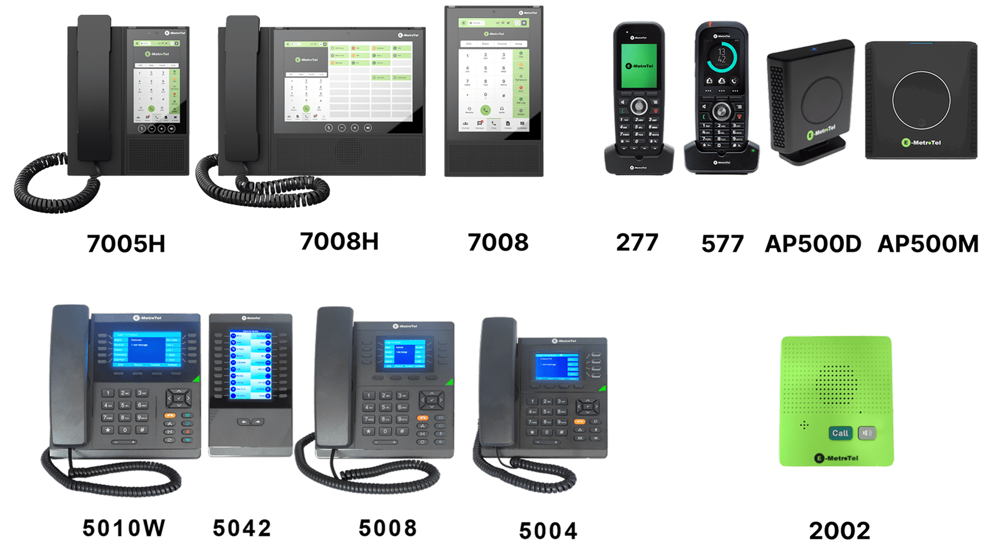 Various models of office desk phones with displays and keypads.