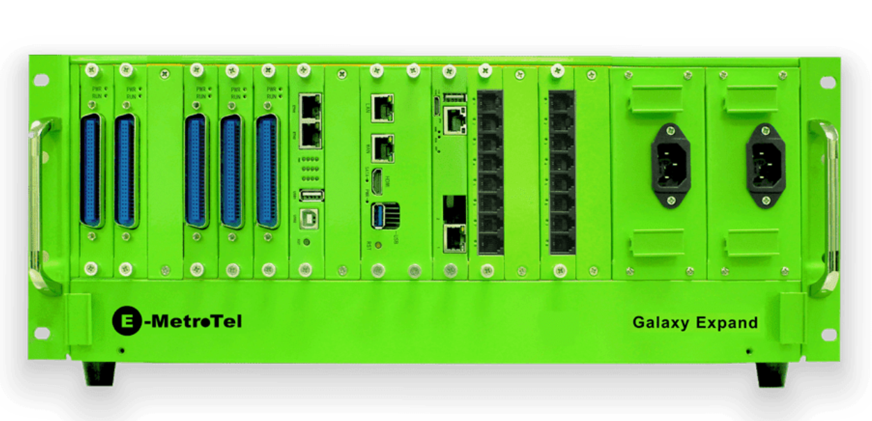Close-up of a bright green electronic control panel with various ports and connectors.