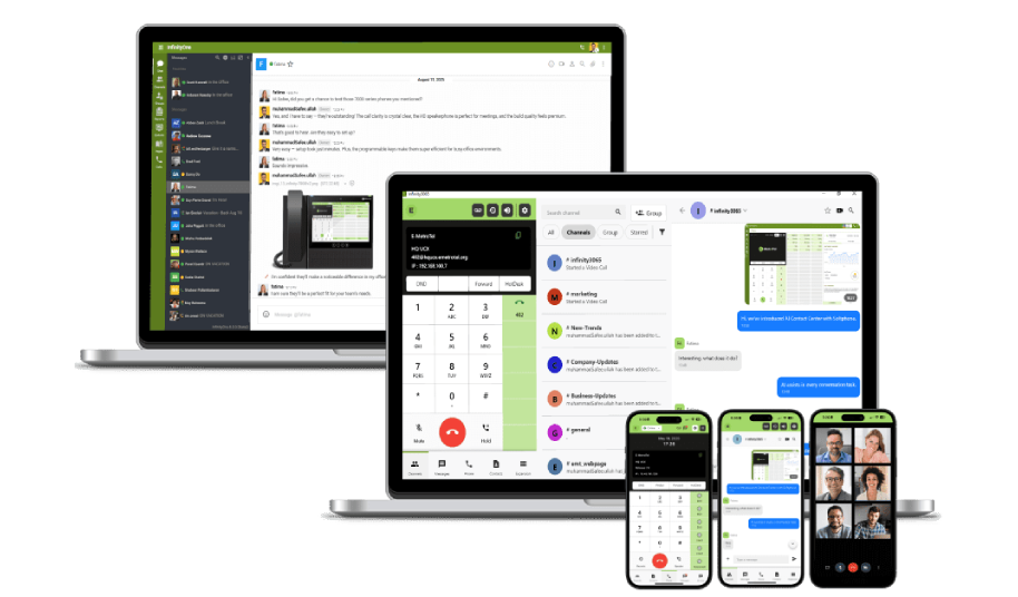 Cross-platform messaging app displayed on various devices.