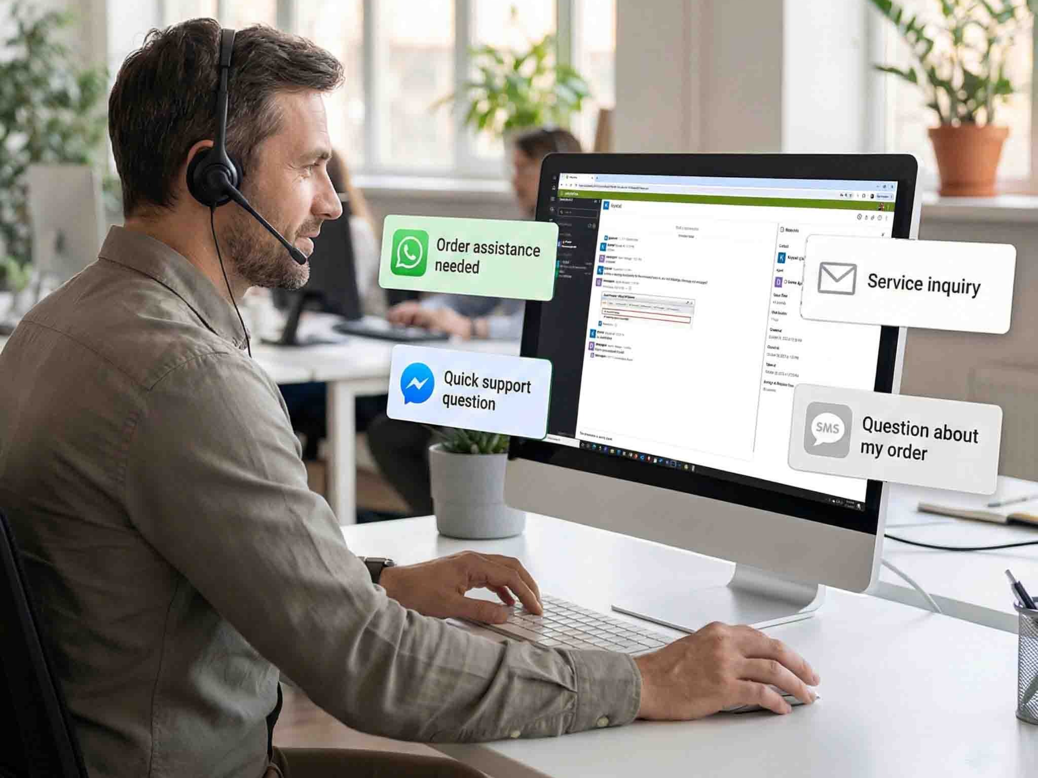 Man working at a computer with customer service icons floating around.