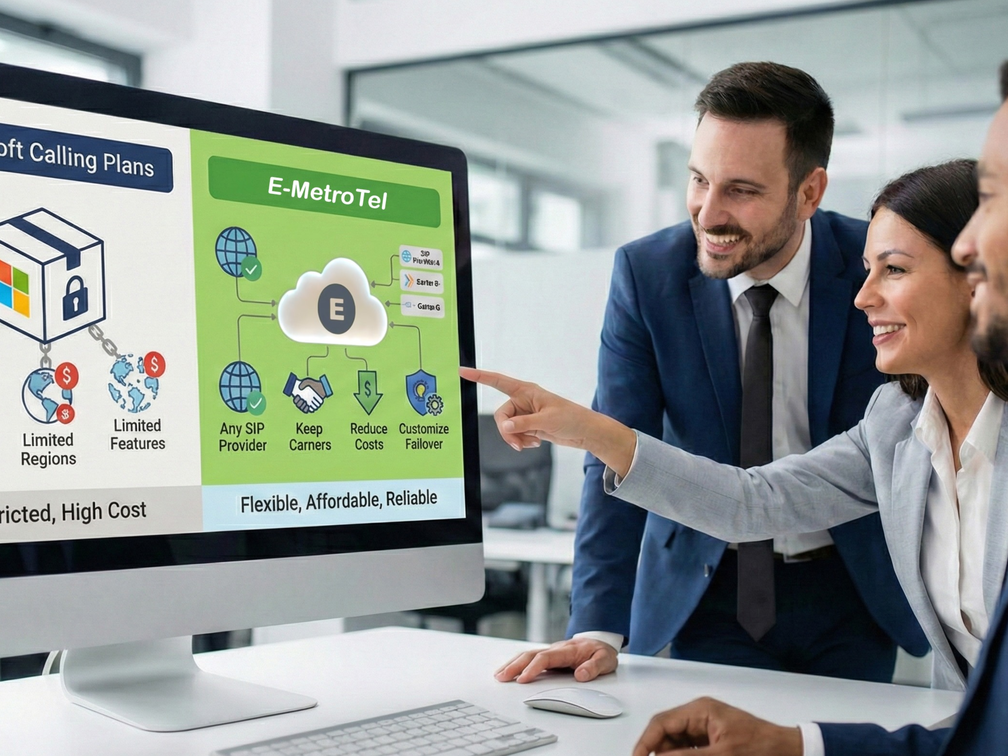 Two professionals discussing E-Mobility solutions on a computer screen.