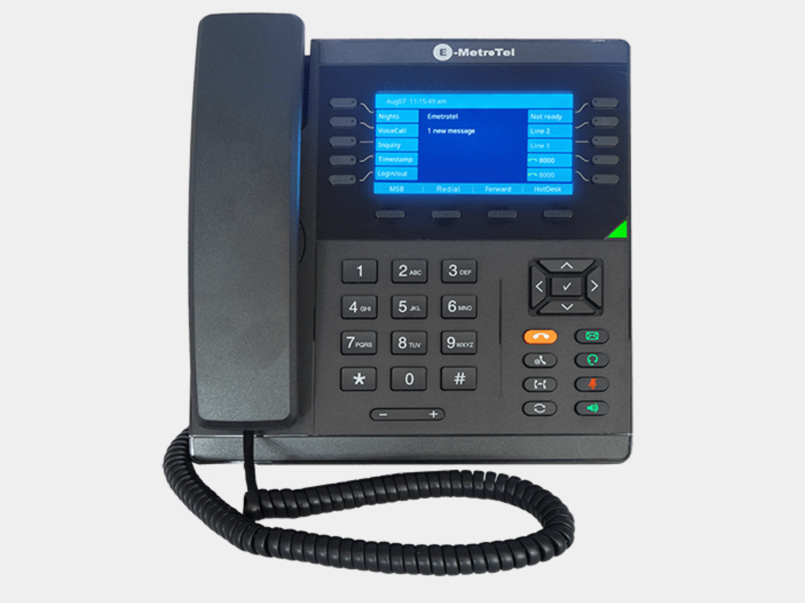 A black Motorola office desk phone with keypad and digital screen.