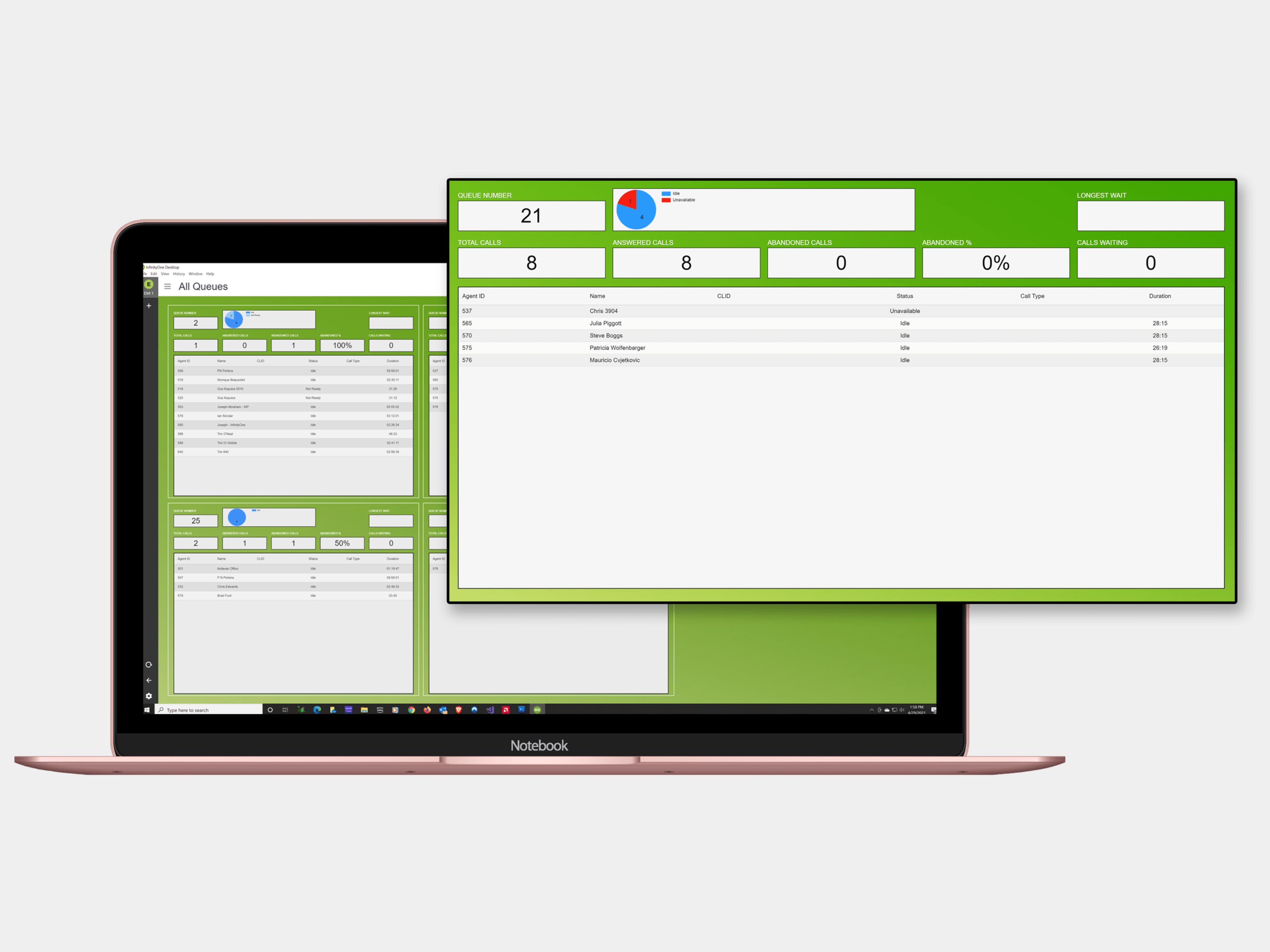 Laptop displaying a green-themed inventory management software interface.