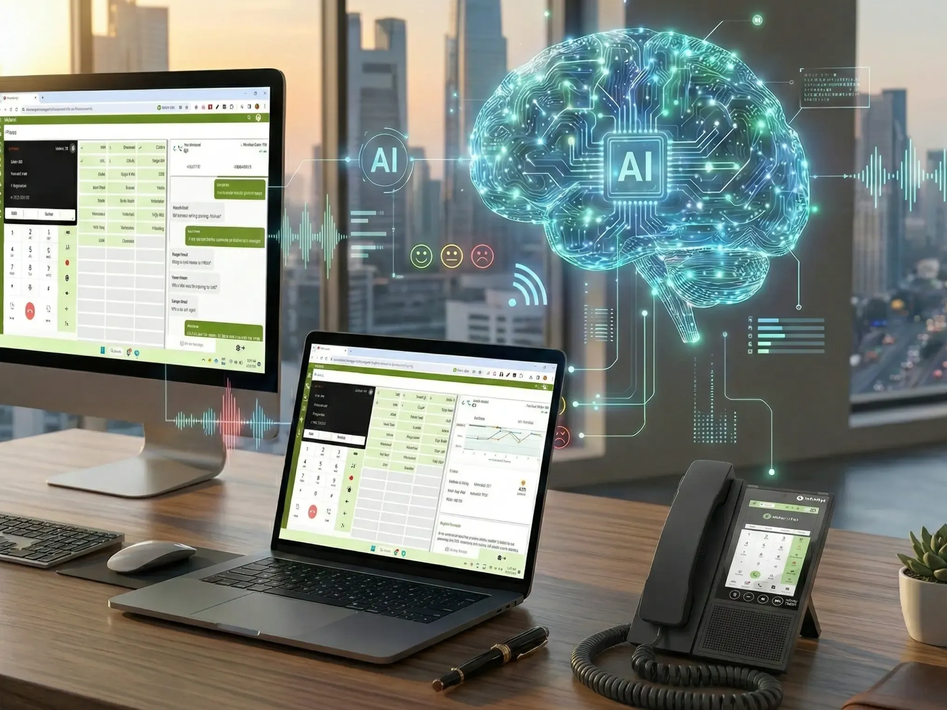 Tech workspace with AI digital brain hologram and multiple devices.