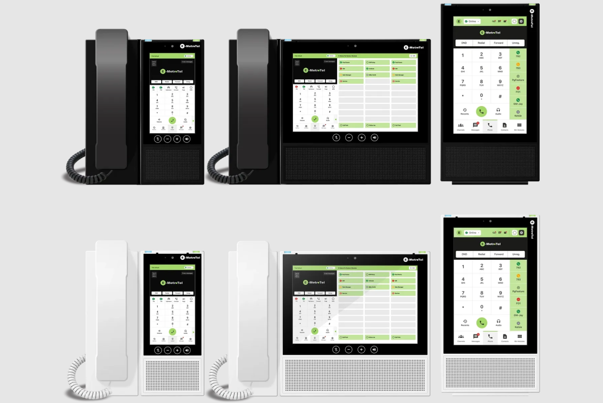 Multiple modern communication devices with touchscreens and keypads in black and white.