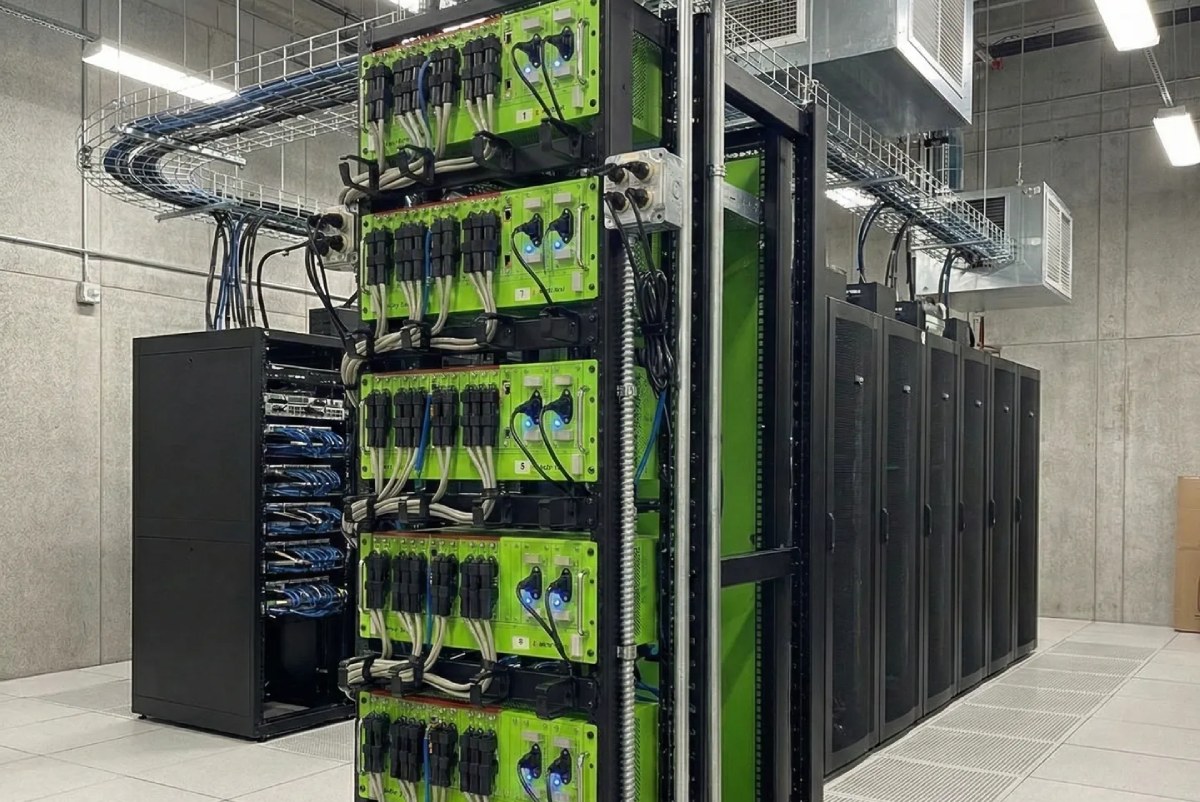 A vertical rack of green computer hardware units in a data center.