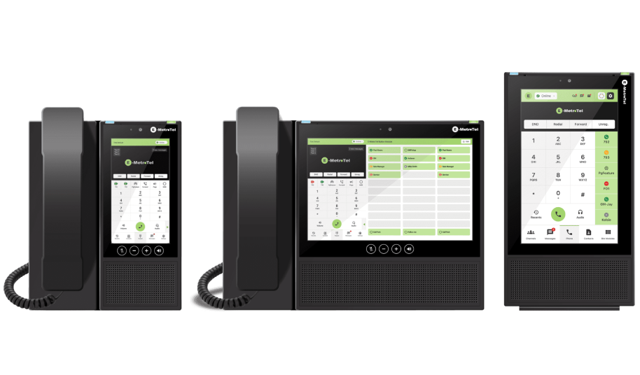 Modern office desk phones with touchscreens and keypads.