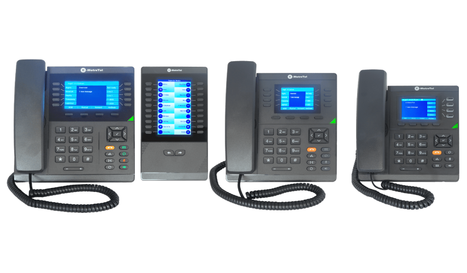 Three modern office telephones with digital displays and handsets.
