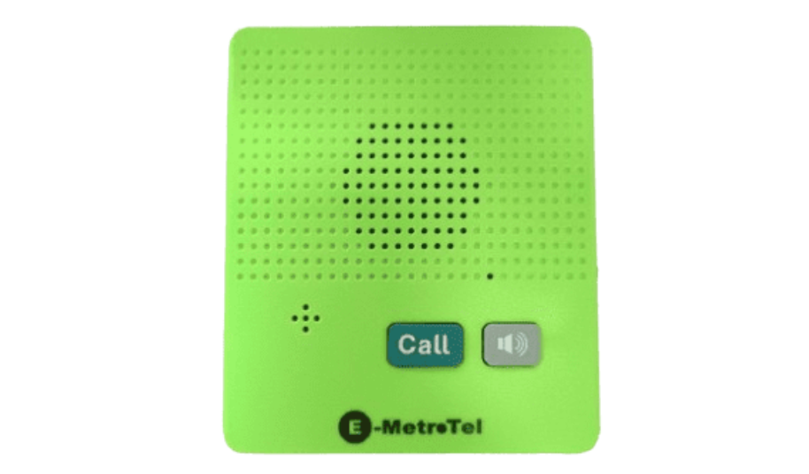 Green MetroTel call button with speaker icon and plus sign.