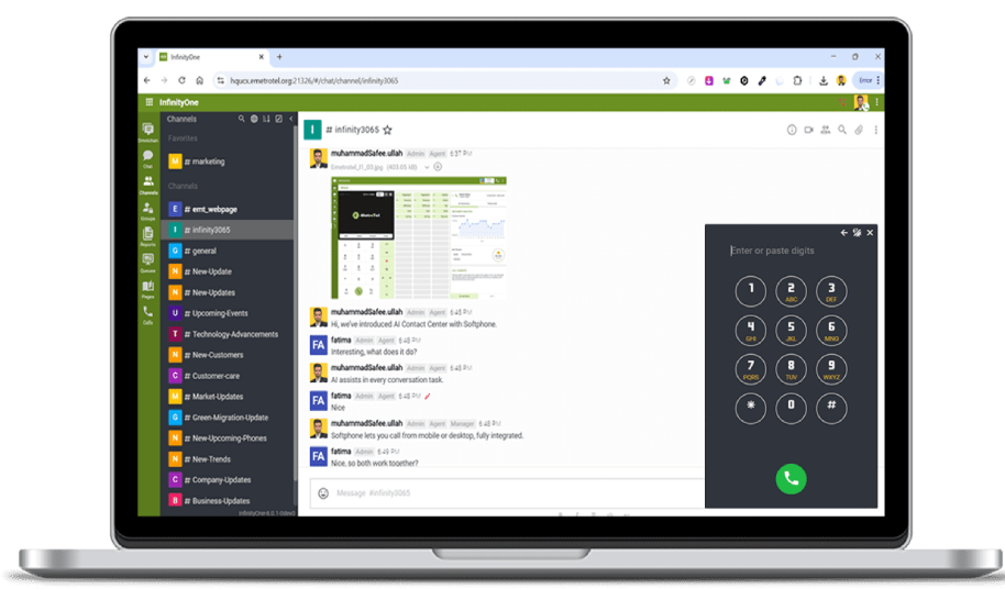A laptop screen showing a WhatsApp Web chat interface with a dial pad open.