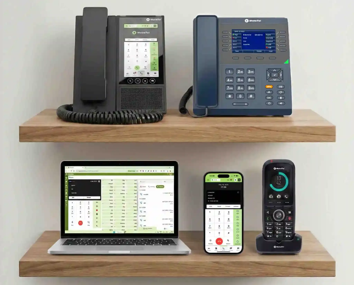 Various communication devices from different eras displayed together.