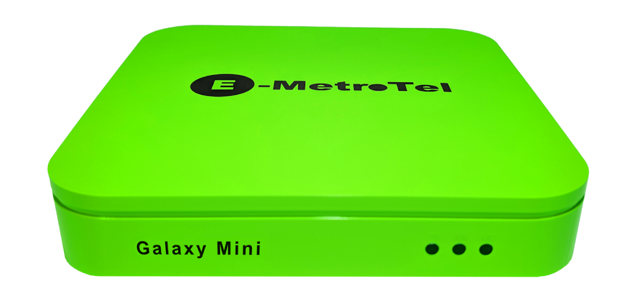 Bright green E-MetroTel Galaxy Mini device.