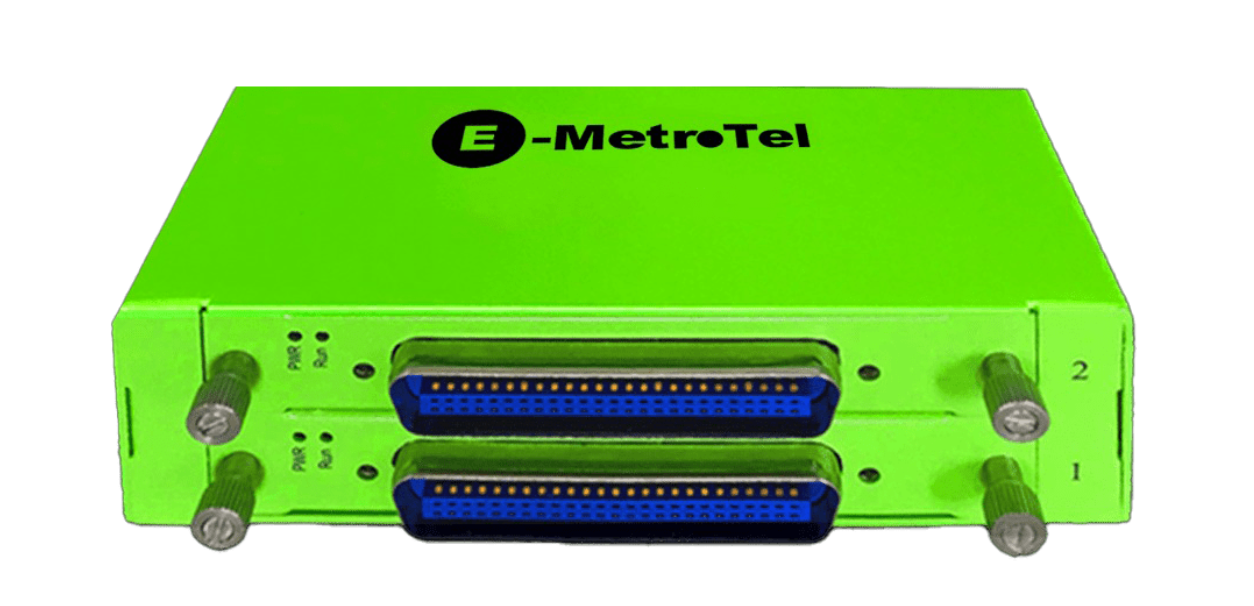 Close-up of E-MetroTel networking hardware with green casing and blue connectors.