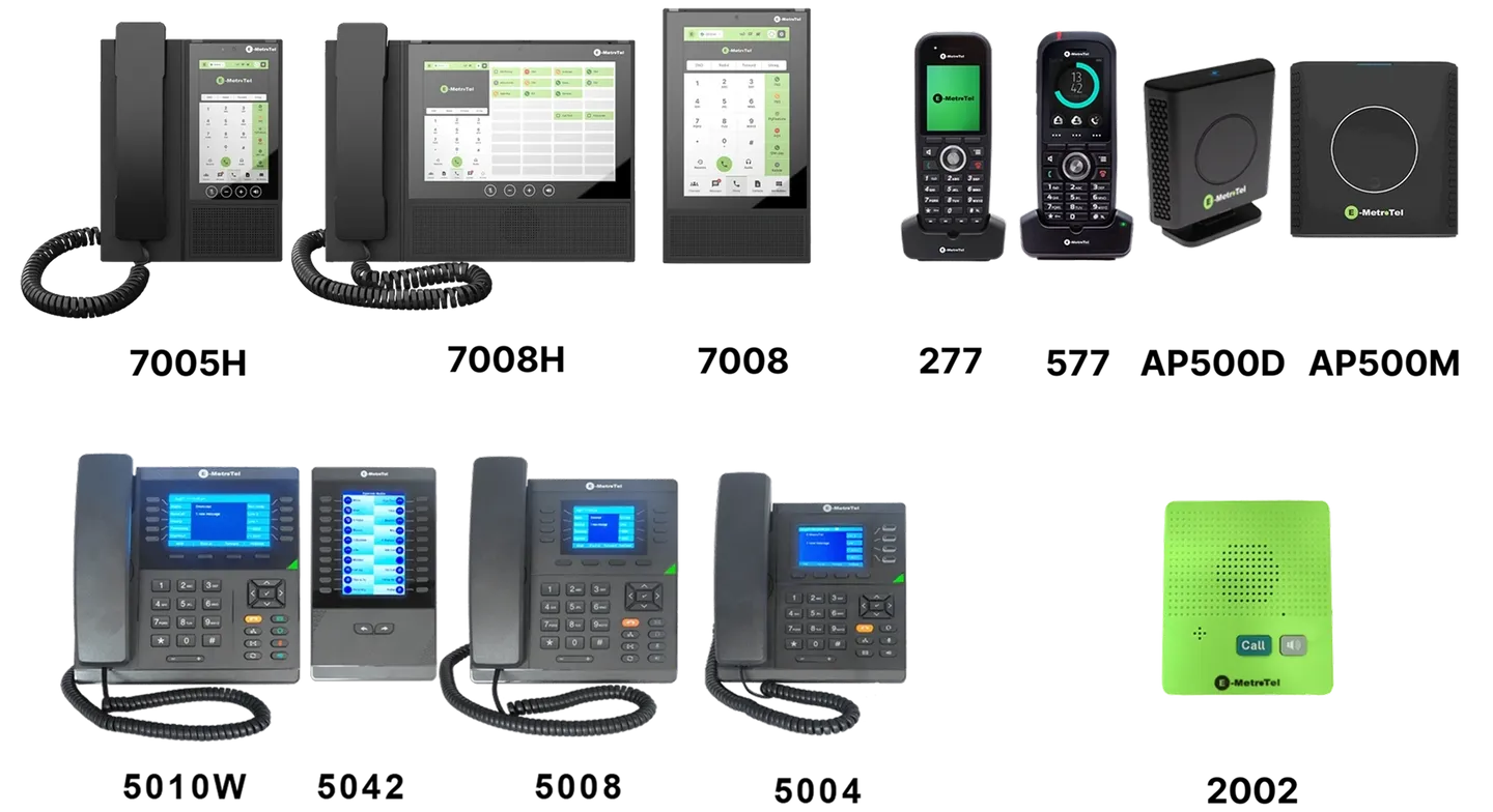 Various modern office desk phones and communication devices arranged in a grid.